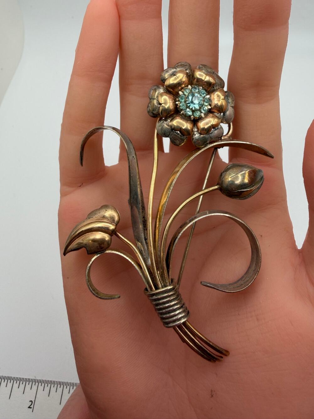 Vintage Floral Brooch – Blue Zircon Rhinestone, 800 Silver Gold Plated, L.S. Co